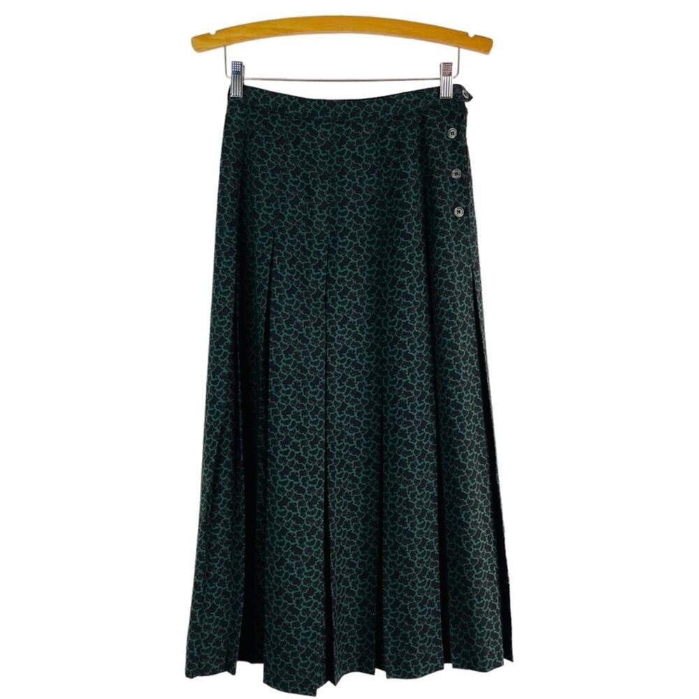 Vintage green tan paisley pleated grunge mod retro midi maxi skirt small